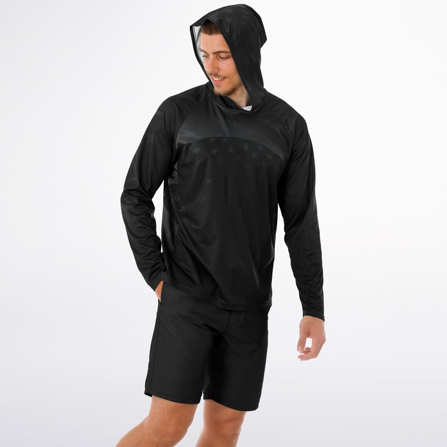 Men's Long Sleeve Hooded Performance Shirt Grunge Flag and Bomber - AOP