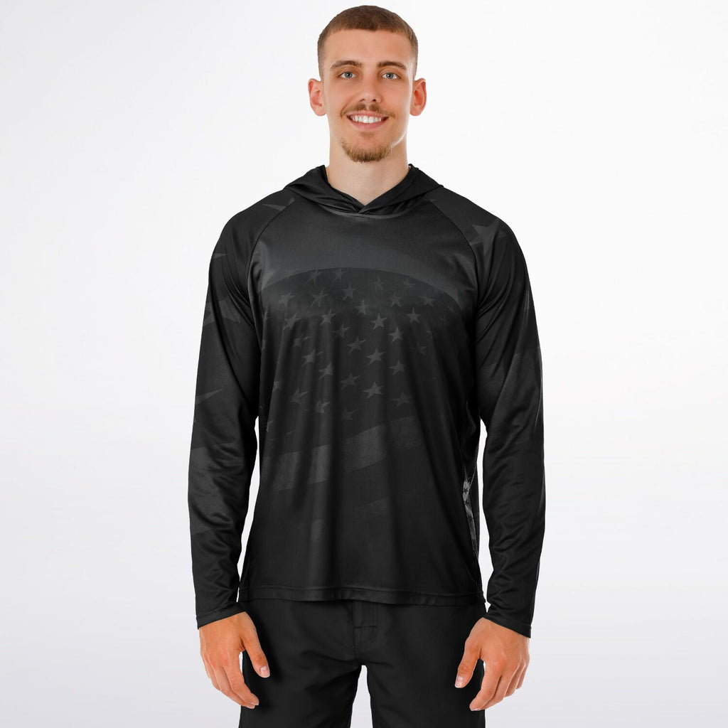 Men's Long Sleeve Hooded Performance Shirt Grunge Flag and Bomber - AOP