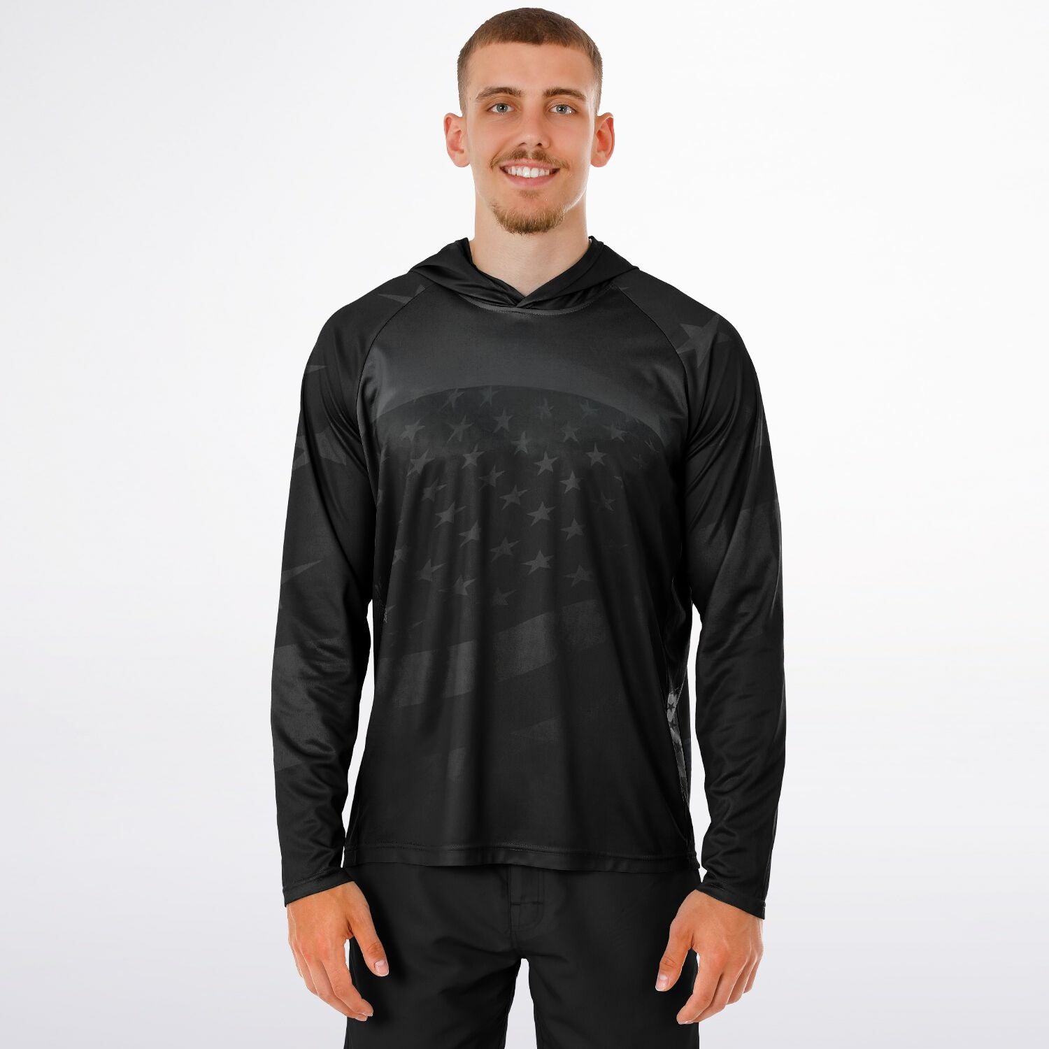 Men's Long Sleeve Hooded Performance Shirt Grunge Flag and Bomber - AOP