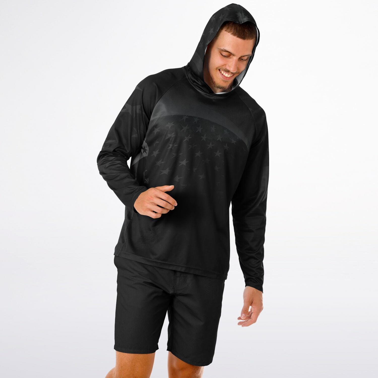 Men's Long Sleeve Hooded Performance Shirt Grunge Flag and Bomber - AOP